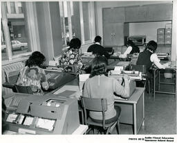 Classroom of students working on typewriters, ca. 1972