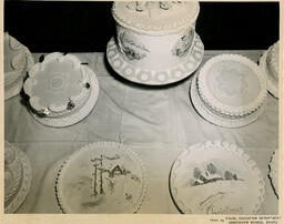 Decorated cakes on a table, ca. 1951