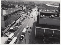 Aerial view of Dunsmuir building, sidewalk under construction