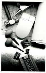 Computer mouse, hammer, building tools montage