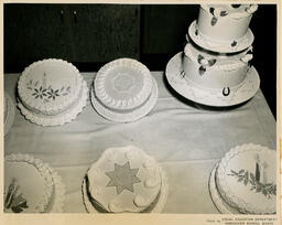 Decorated cakes on a table, ca. 1951