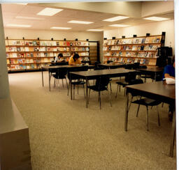 Students studying by Periodicals display, King Edward campus library