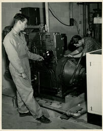 Diesel students work on machine, ca. 1949